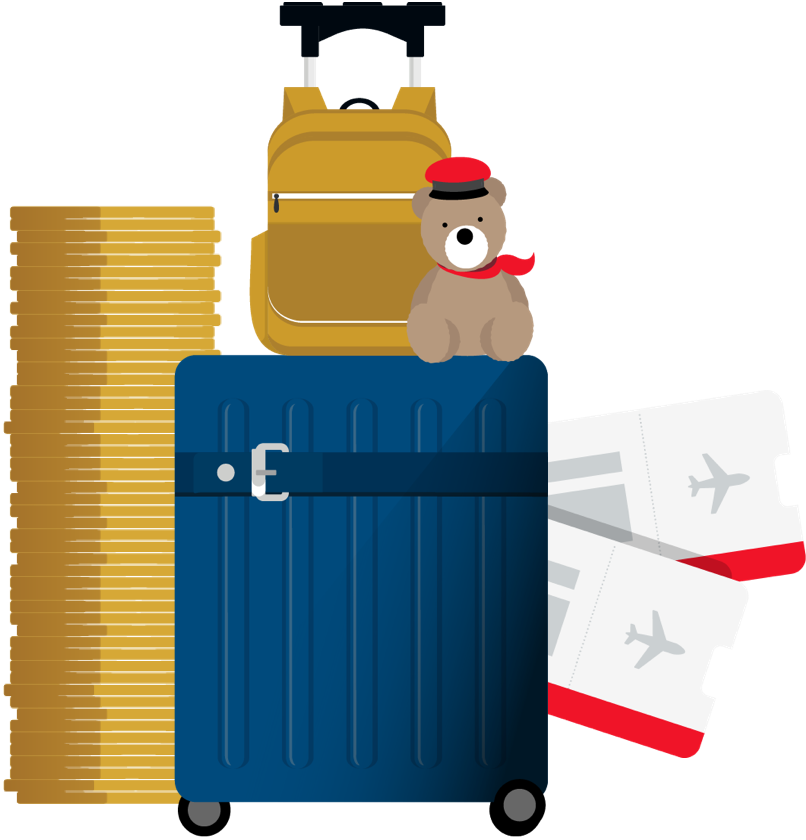 coin stack with luggage and boarding pass