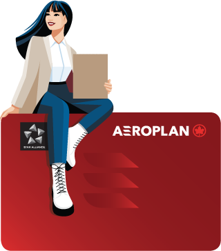 image of a woman sitting on large Aeroplan card