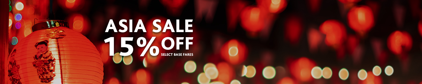 Enjoy 15% off select flights to Asia