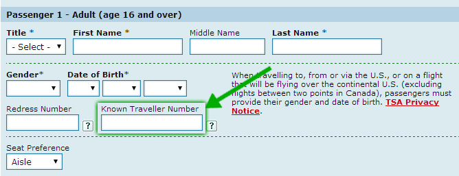 Known Traveller Number field as seen during the booking flow