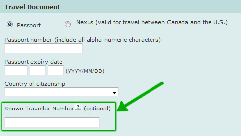 Known Traveller Number field as seen when entering APIS information