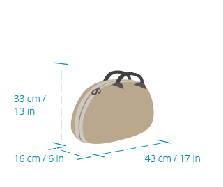 Image of a small bag as personal item with maximum dimensions: 33 centimeters or 13 inches high. 43 centimeters or 17 inches wide. 16 centimeters or 6 inches deep