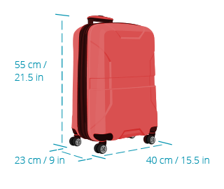 Image of a carry-on bag with maximum dimensions: 55 centimeters or 21.5 inches high. 40 centimeters or 15.5 inches wide. 23 centimeters or 9 inches deep